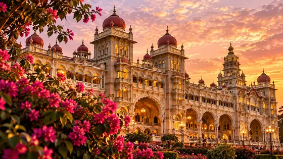 Mysuru Palace beneath a golden evening sky